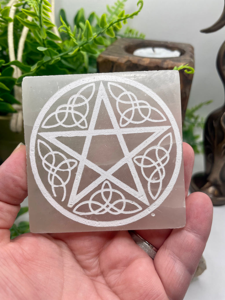 Hand Made Laser Engraved Pentagram Selenite Charging Plate | Witchcraft | Wiccan | Pagan | Reiki | Chakra | Crystals | Crystal Charging