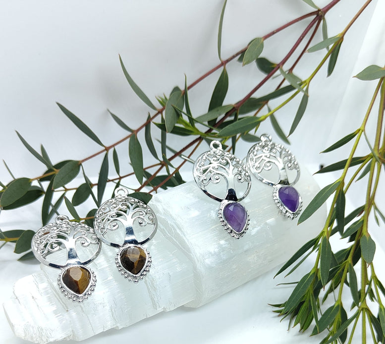Natural Amethyst and Tigers Eye Tree of Life Teardrop Dangle Earrings | Witchcraft | Wiccan | Pagan | Jewellery | Gift | Boho | Jewelry