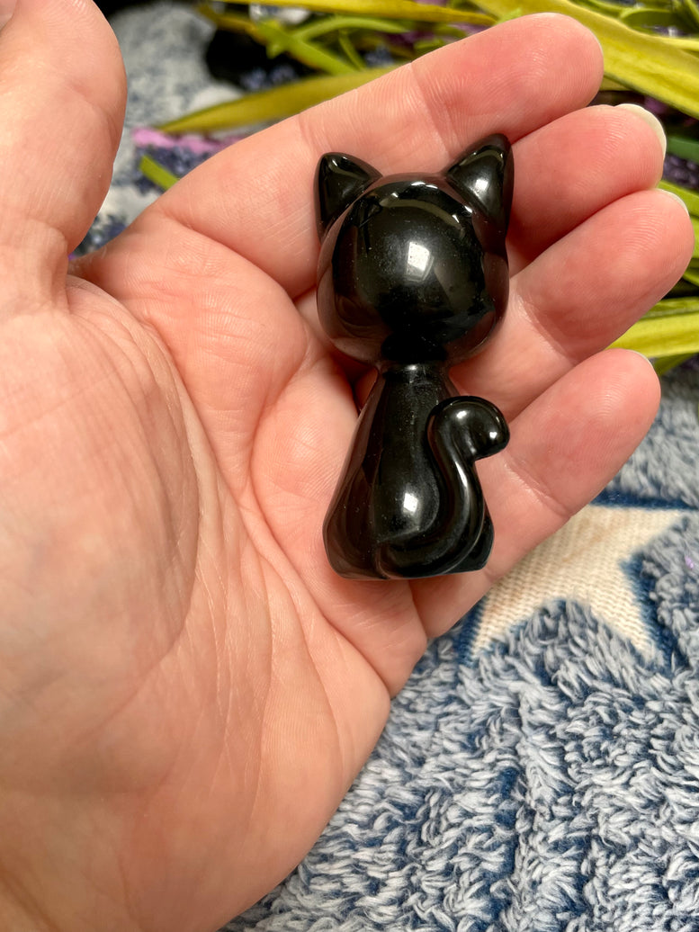Lunar Moon Cat Natural Black Obsidian Crystal Carving | Black Cat | Kitty | Witchcraft | Wiccan | Pagan | Reiki | Chakra