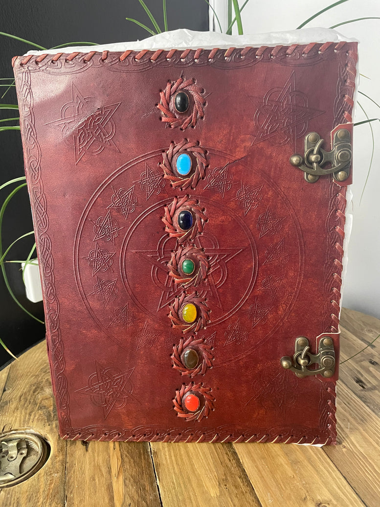 Huge 7 Chakra Leather Book - 10x13 (200 pages) Book Of Shadows | Leather | Journal | Witchcraft | Wicca | Spells | Spell book | Book
