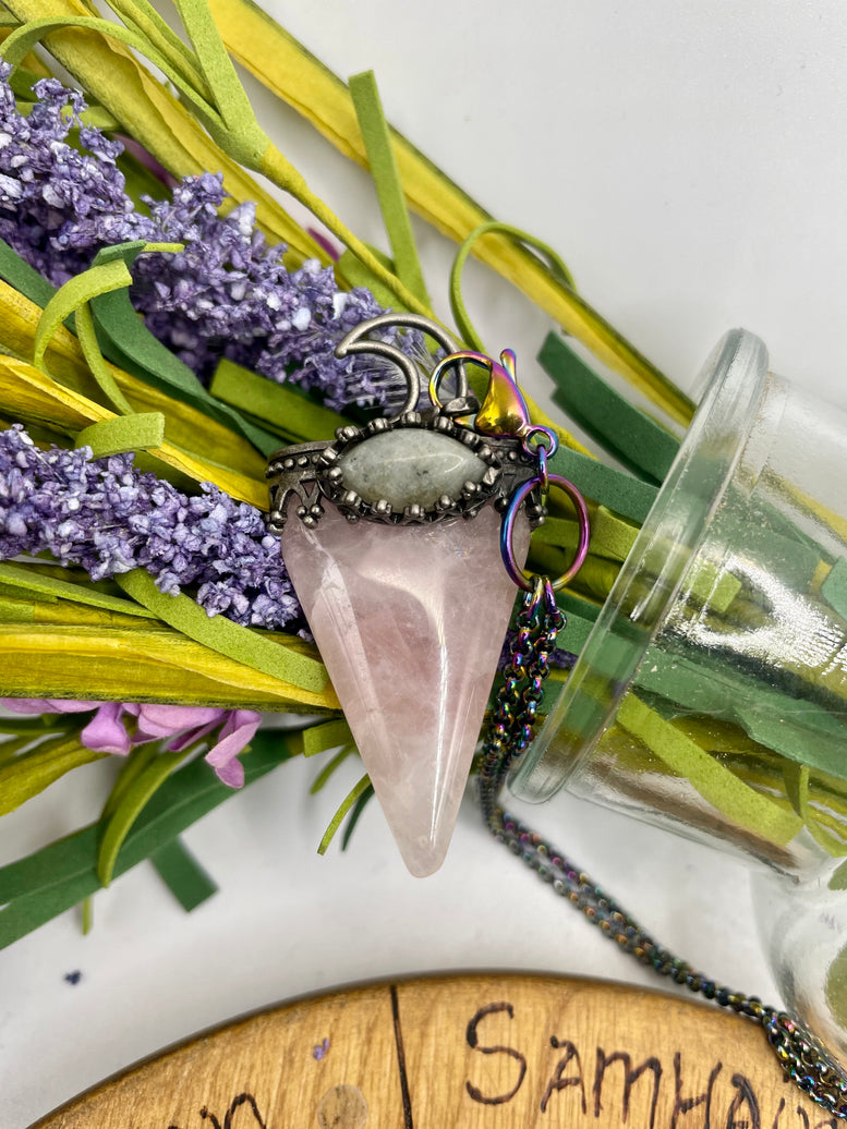 Luna Moon Pendant Rose Quartz Amulet Necklace | Goddess | Jewellery | Necklaces | Crystal | Gemstones | Reiki | Chakra | Witchy | Wiccan