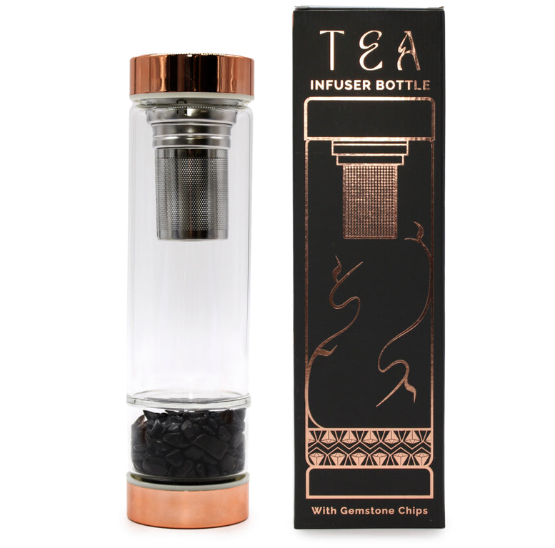 Crystal Glass Tea Infuser Bottle - Rose Gold | Amethyst | Rose Quartz | Quartz | Red Jasper | Onyx | Witchcraft | Wiccan | Pagan | Gift