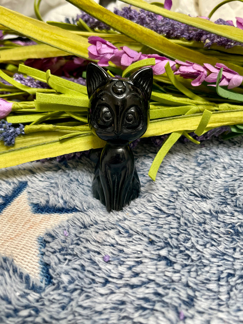 Lunar Moon Cat Natural Black Obsidian Crystal Carving | Black Cat | Kitty | Witchcraft | Wiccan | Pagan | Reiki | Chakra