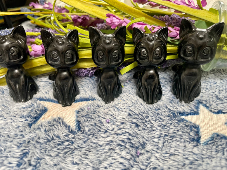 Lunar Moon Cat Natural Black Obsidian Crystal Carving | Black Cat | Kitty | Witchcraft | Wiccan | Pagan | Reiki | Chakra