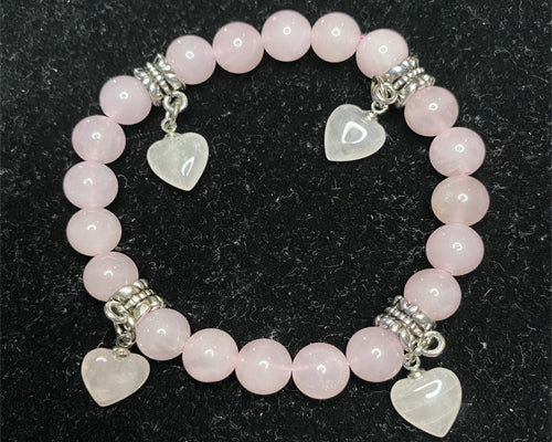 Rose Quartz Bead Bracelet with Hearts