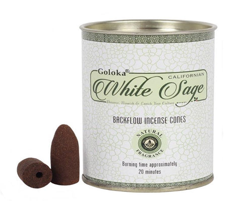 GOLOKA WHITE SAGE BACKFLOW INCENSE CONES - 24 PER TIN