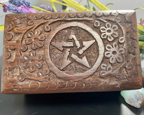 Carved Pentagram Chunky Wooden Box | Chest | Storage | Trinket | Wiccan | Pagan | Witchcraft
