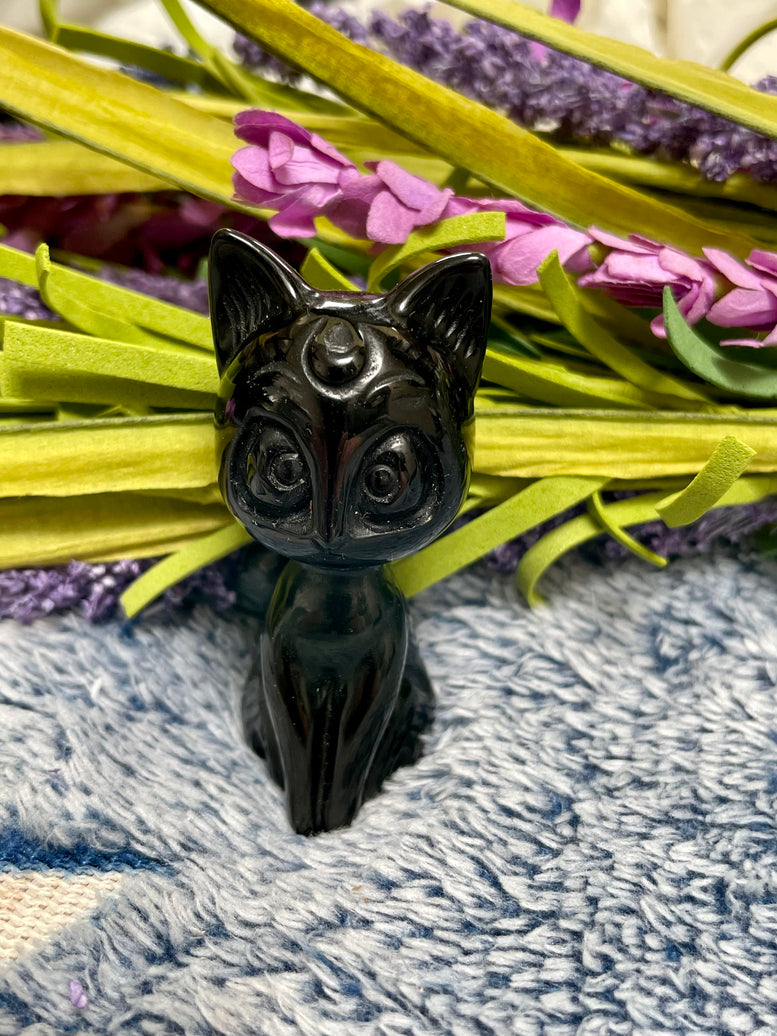 Lunar Moon Cat Natural Black Obsidian Crystal Carving | Black Cat | Kitty | Witchcraft | Wiccan | Pagan | Reiki | Chakra