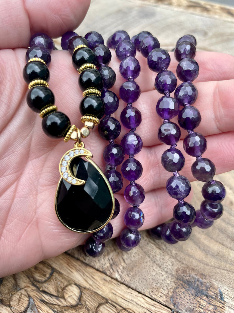 Awakening Moon Goddess Amethyst and Onyx Necklace 108 Mala Beads | Prayer Beads | Meditation | Worry Beads | Rosaries | Crystal | Wicca