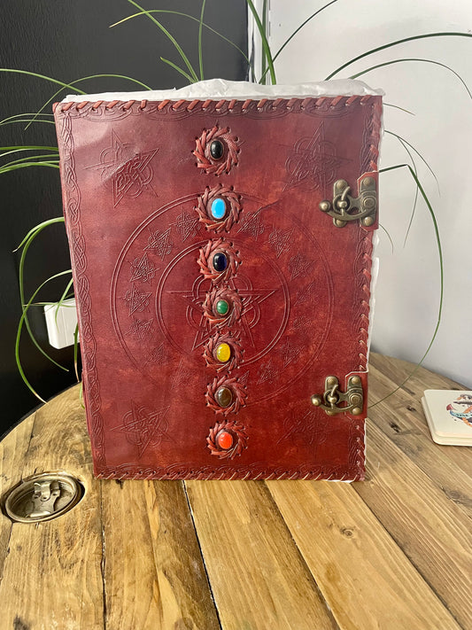 Huge 7 Chakra Leather Book - 10x13 (200 pages) Book Of Shadows | Leather | Journal | Witchcraft | Wicca | Spells | Spell book | Book