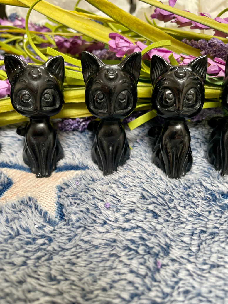 Lunar Moon Cat Natural Black Obsidian Crystal Carving | Black Cat | Kitty | Witchcraft | Wiccan | Pagan | Reiki | Chakra
