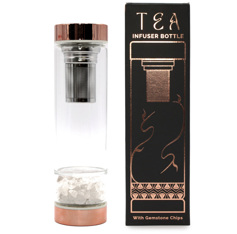 Crystal Glass Tea Infuser Bottle - Rose Gold | Amethyst | Rose Quartz | Quartz | Red Jasper | Onyx | Witchcraft | Wiccan | Pagan | Gift