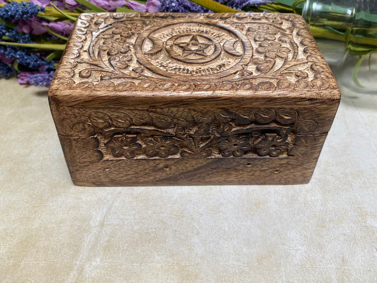 5x3 Inches Hand Carved Triple Moon Pentagram Chest | Box | Trinket | Pagan | Witchcraft | Wiccan | Moon | Triple Moon