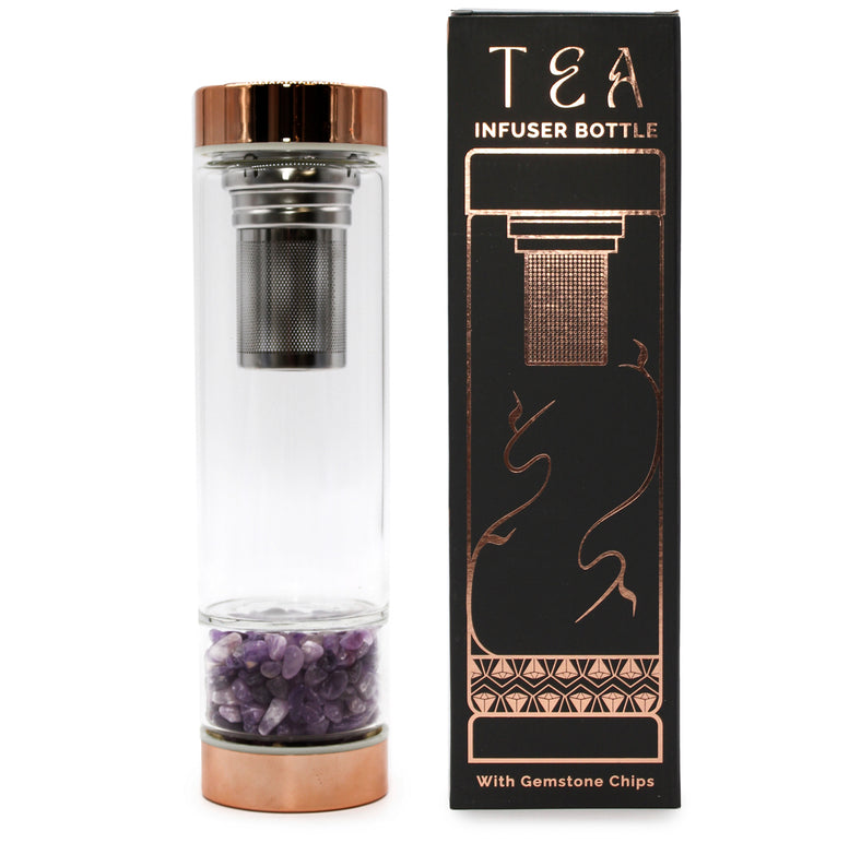 Crystal Glass Tea Infuser Bottle - Rose Gold | Amethyst | Rose Quartz | Quartz | Red Jasper | Onyx | Witchcraft | Wiccan | Pagan | Gift