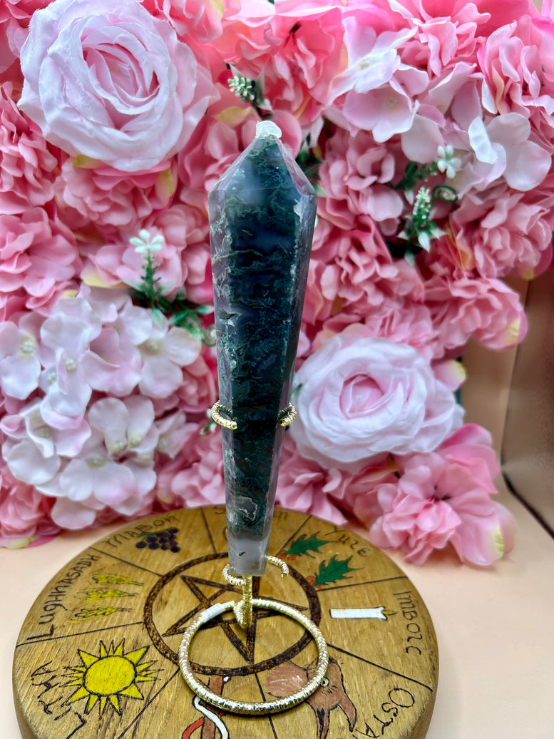 Druzy Moss Agate Wand On Stand - Natural Gemstone Decoration