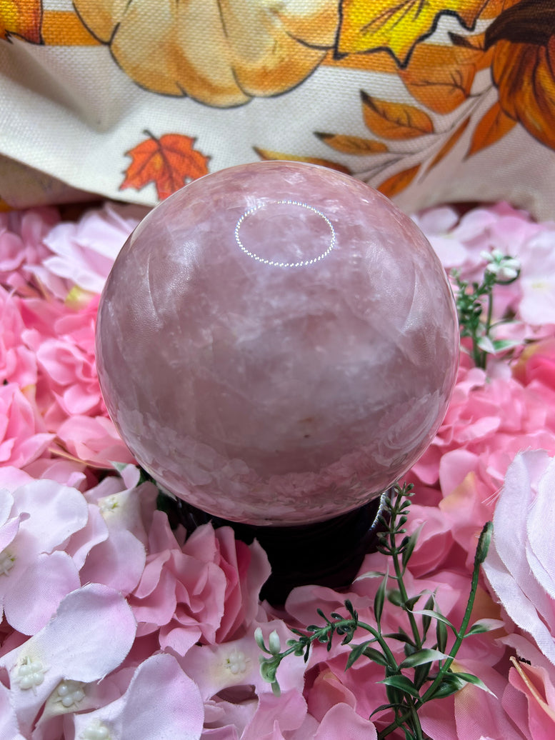 High Quality Rose Quartz Sphere on rotating stand 1.6kg 10cm tall