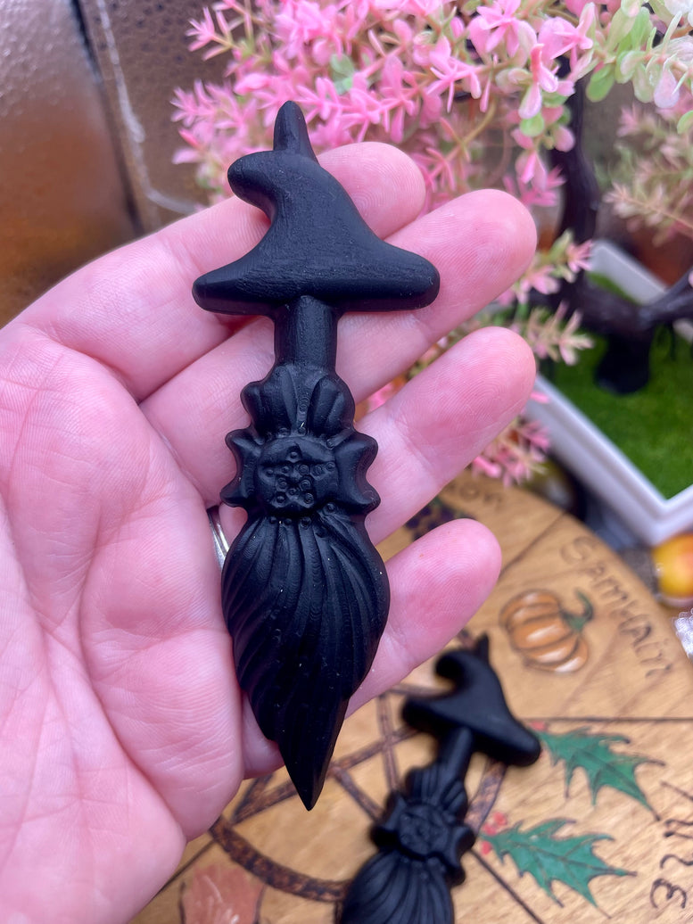 Natural Obsidian Witches Broom & Witches Hat Crystal | Crystal Healing | Reiki | Chakra | Ornament | Witchy | Witchcraft | Pagan | Wiccan
