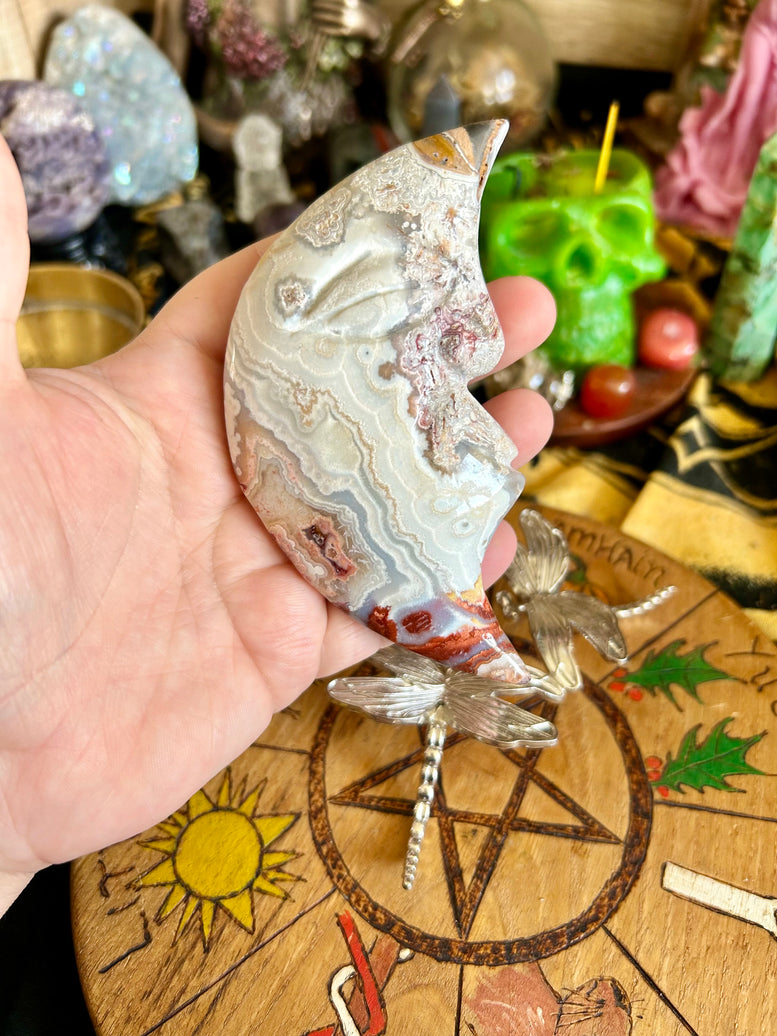 Crazy Lace Agate Moon Crystal Carving | Crystals | Healing | Reiki | Chakra | Witchcraft | Wiccan | Pagan | Wicca | Ornament | Gift | Polish