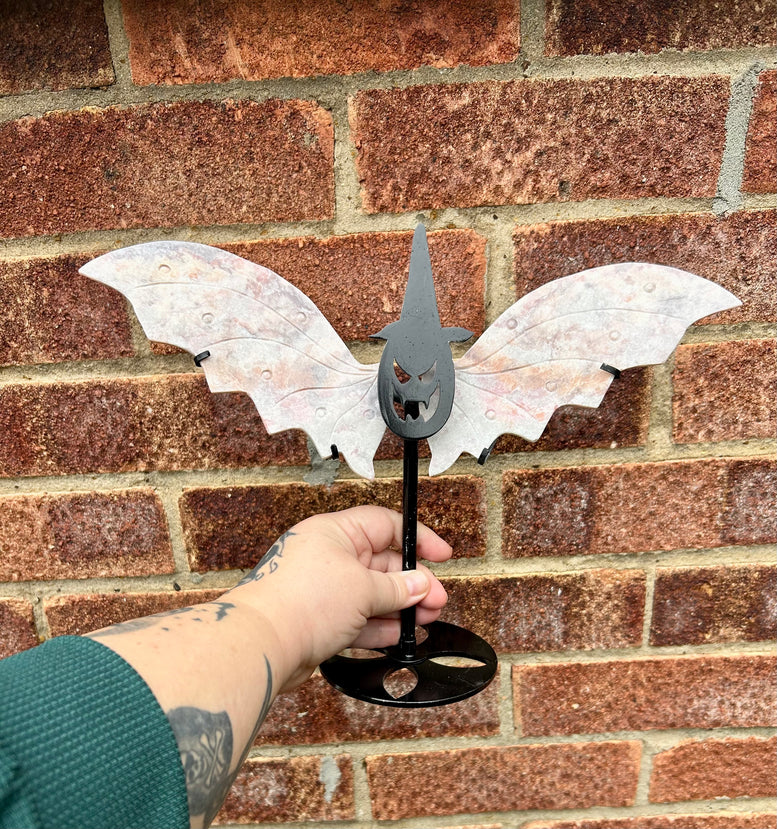 Pink Opal Carved Crystal Wings with Witchy Stand pumpkin witch Halloween style