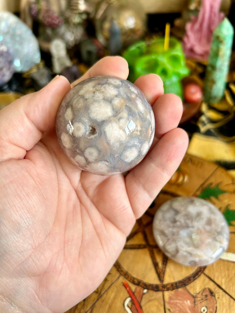 Flower Agate Sphere on Stand and Palm Stone Gift Set | Crystals | Witchcraft | Wicca | Pagan | Healing | Reiki | Chakra | Ornament | Ball