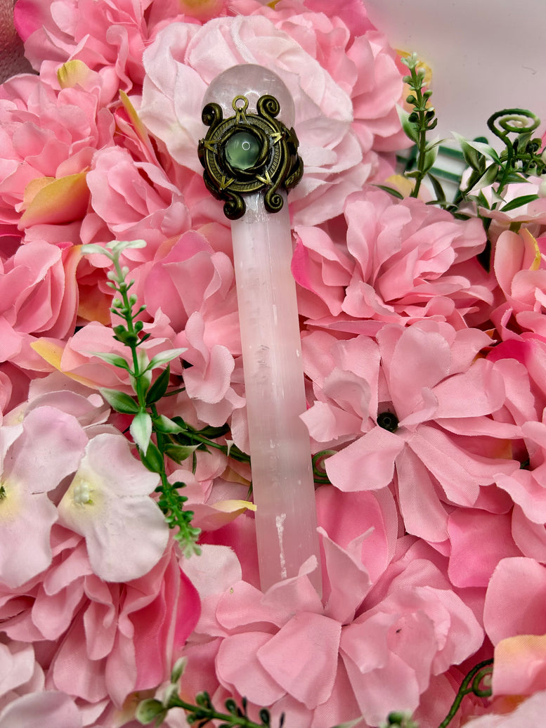 Selenite wand with Quartz Sphere and rainbow inclusions for energy work and witchcraft