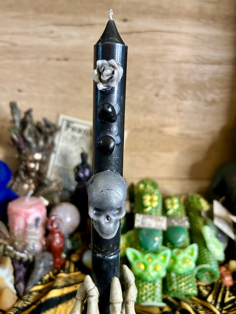 Hand Made Large Protection and Banishing Spell Candles for Spells Witchcraft with Skull Design and Floral Accents Decoration Ornaments