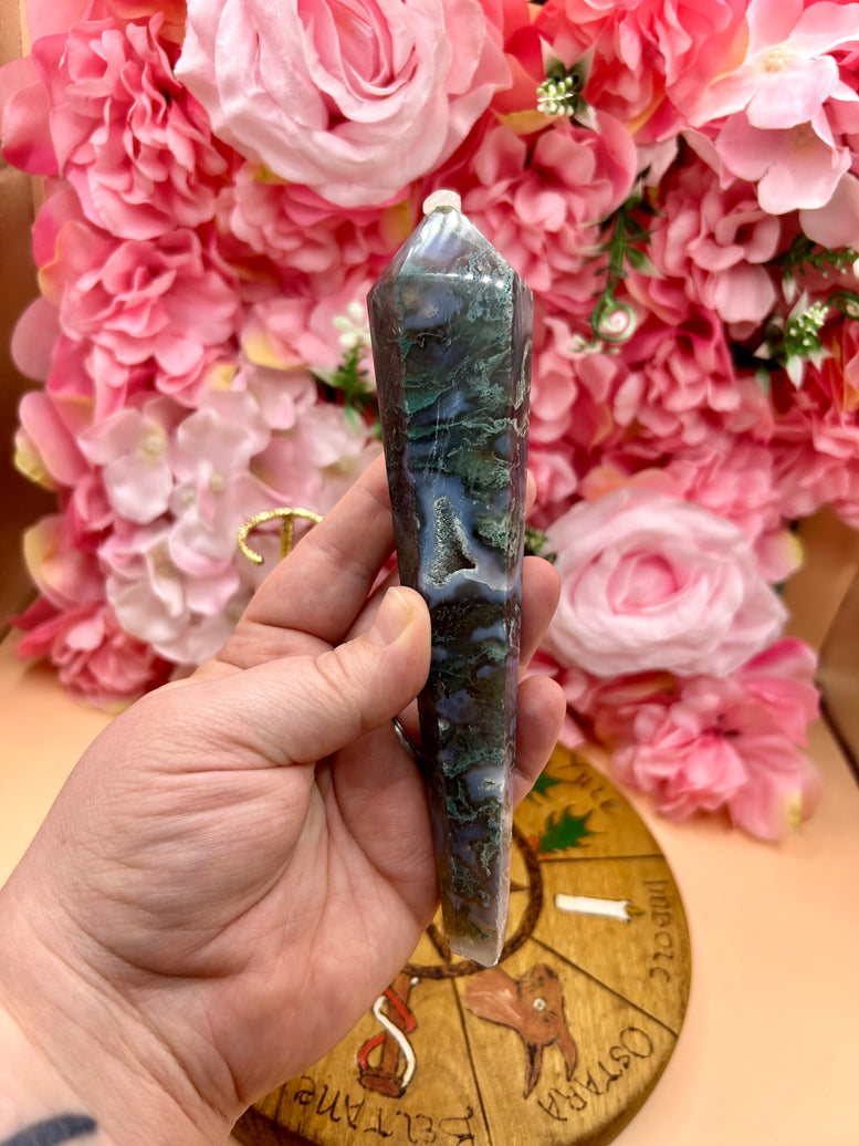 Druzy Moss Agate Wand On Stand - Natural Gemstone Decoration