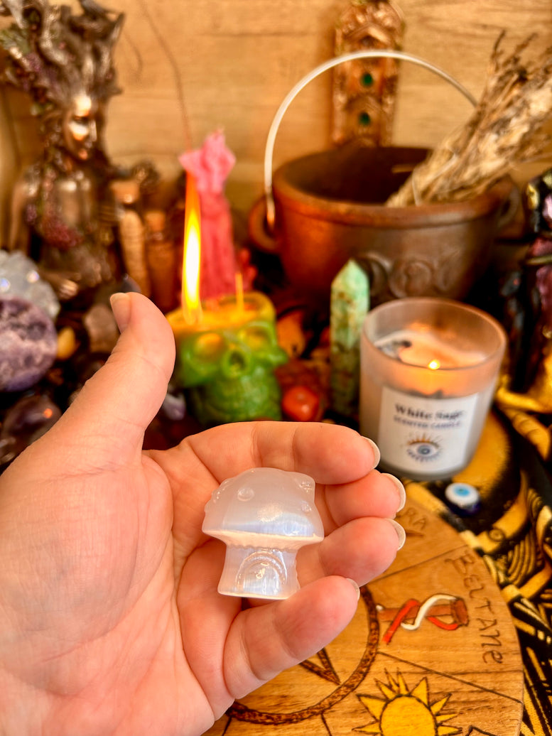 Mushroom Cottage Selenite Crystal Carving | House | Crystals | Reiki | Chakra | Spirituality | Witchy | Wicca | Pagan | Ornament | Gift