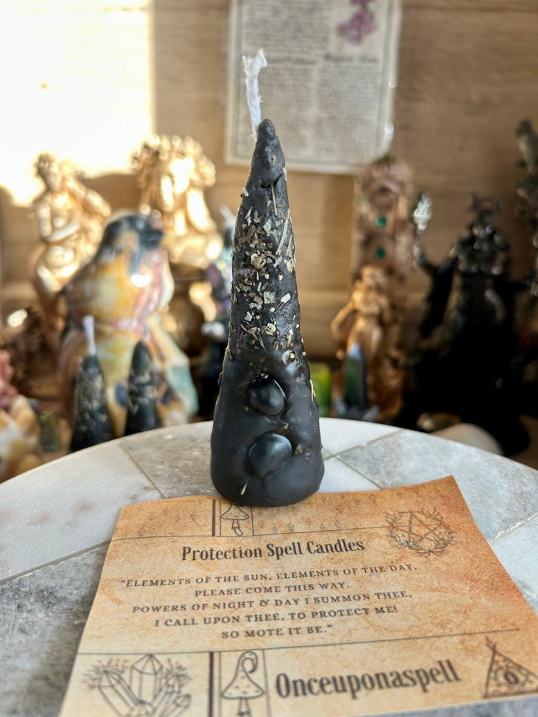 Hand rolled protection spell candles made with beeswax, herbs, essential oils and tourmaline crystal chips