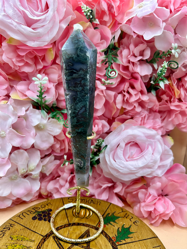 Druzy Moss Agate Wand On Stand - Natural Gemstone Decoration