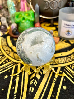 Moss Agate Sphere & Holder | Crystal Sphere | Crystal Ball | Wicca | Pagan | Reiki | Chakra | Moon Energy | Healing | druzy | Witchcraft