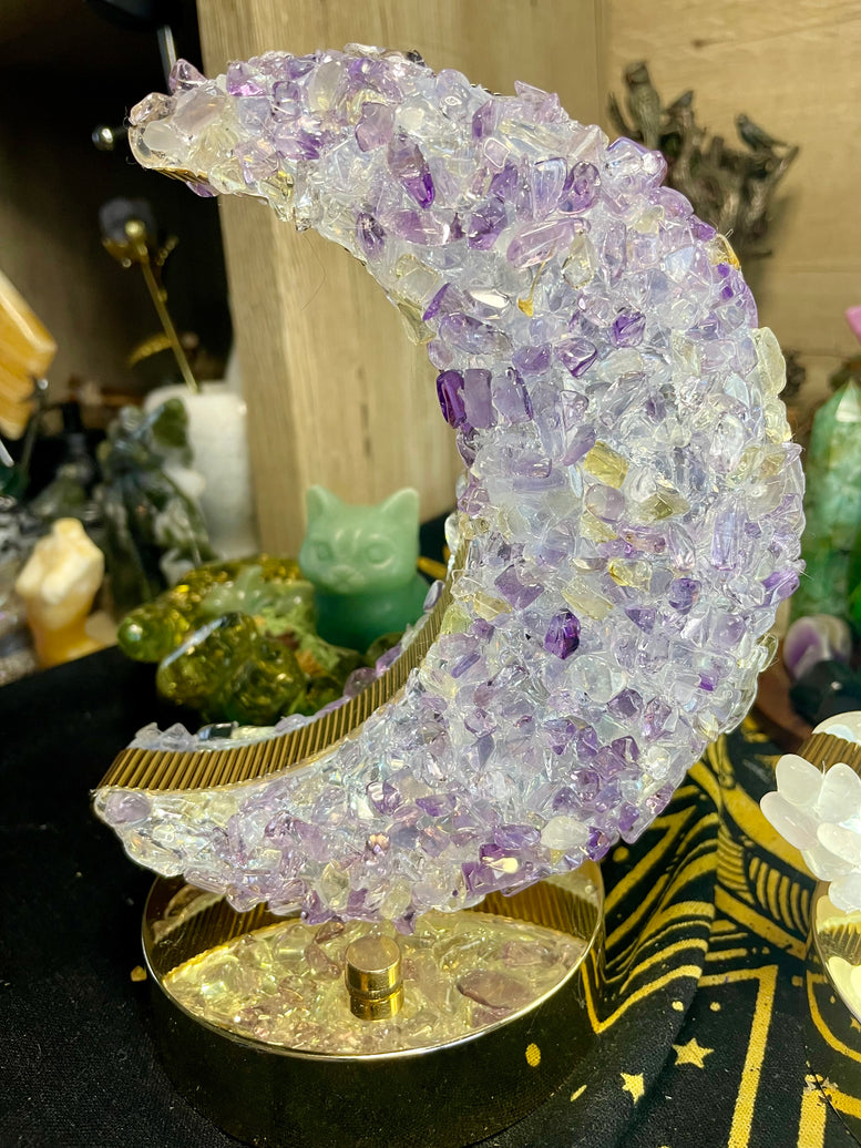 Natural Crystal Table Lamps | Rechargeable | Rose Quartz | Amethyst | Home Decor | Moon | Cresent Moon | Decor | Crystals | Witchy | Boho