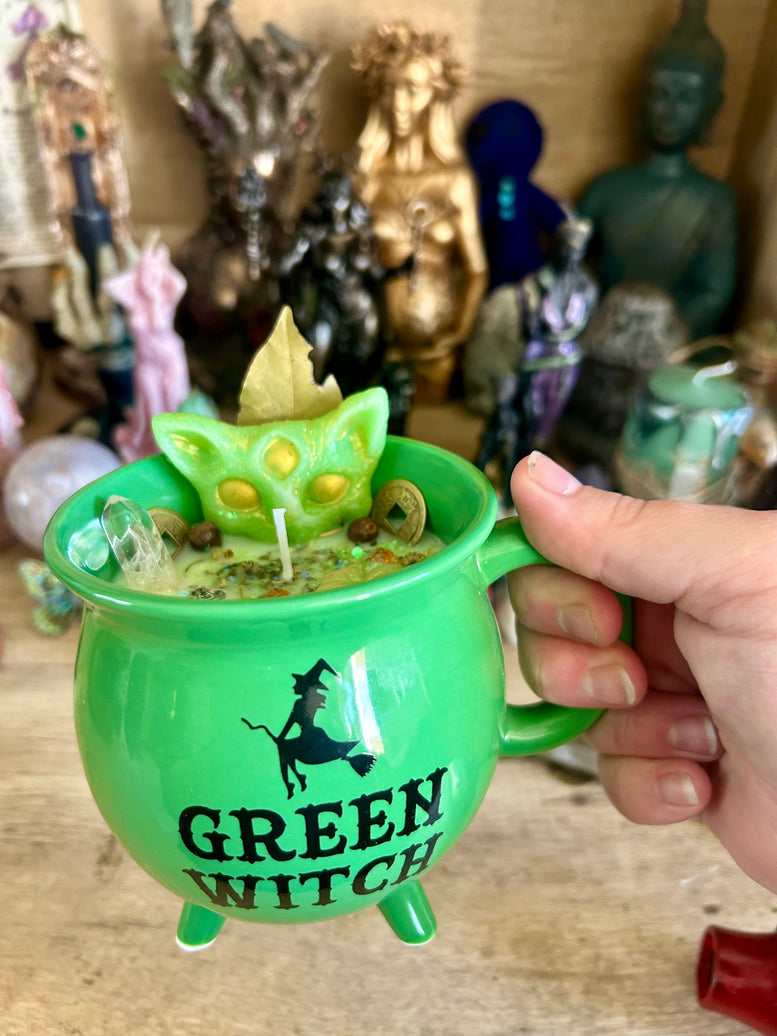Wealth & Abundance Spell Candle – Green Witch Cauldron Cup hand made soy wax ornamental witches candle