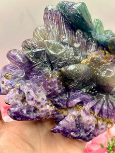 Ocean themed rainbow fluorite crystal carving 1kg 14cm