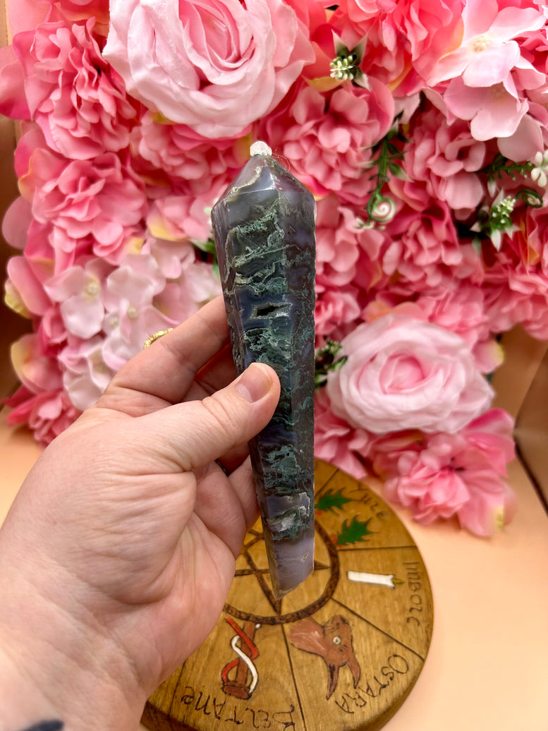 Druzy Moss Agate Wand On Stand - Natural Gemstone Decoration