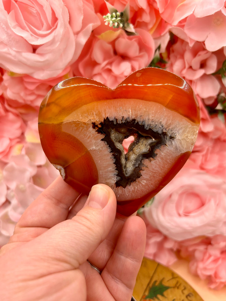 Red Agate Druzy Crystal Heart Carving and Stand - Home Decor - Crystals - Minerals