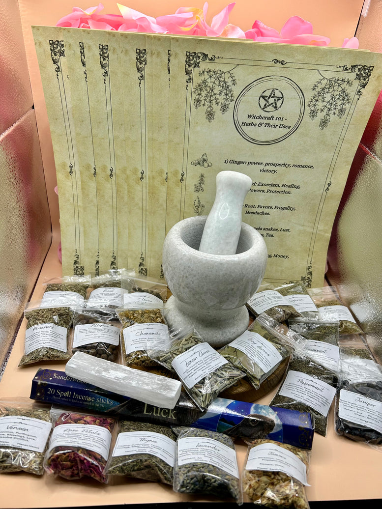 Mortar and Pestle Herb Kit - Herbs - Selenite - Incense - Witchcraft - Kitchen - Utensils