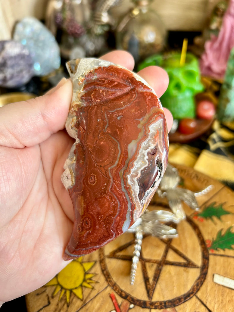 Crazy Lace Agate Moon Crystal Carving | Crystals | Healing | Reiki | Chakra | Witchcraft | Wiccan | Pagan | Wicca | Ornament | Gift | Polish