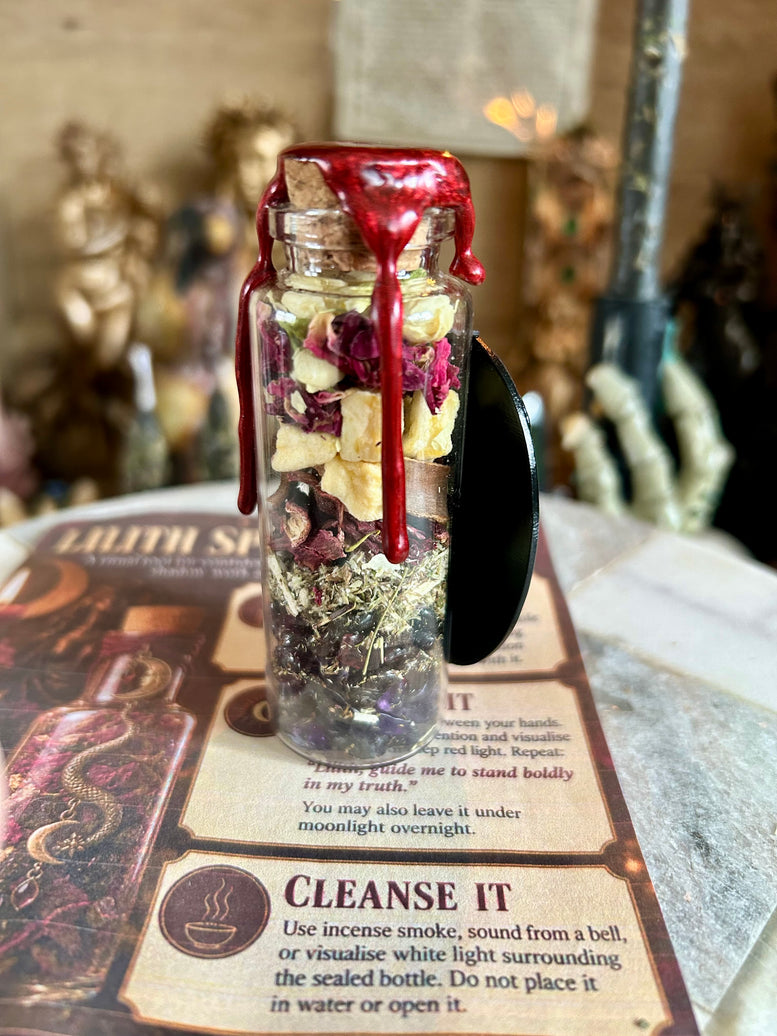 Handmade Lilith Spell Bottle with Charm Herbs & Crystals for Rituals Meditation Shadow Work Empowerment Confidence