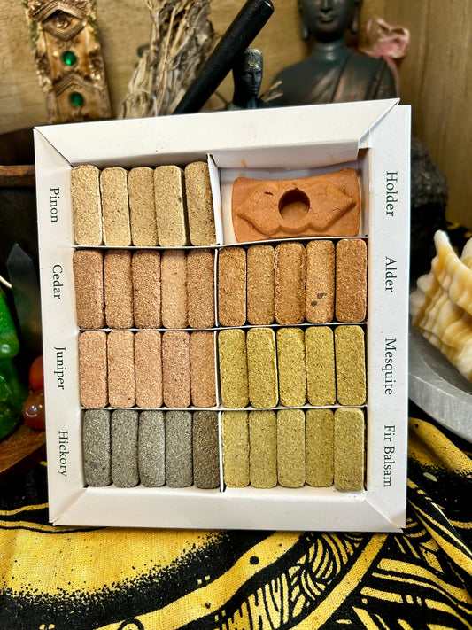 Display Set of 70 Incense Smudge Bricks and Burner - 7 Earthy Himalaya Incense | Gift Set | Cleansing | Smoke Cleanse | Witchcraft | Wiccan