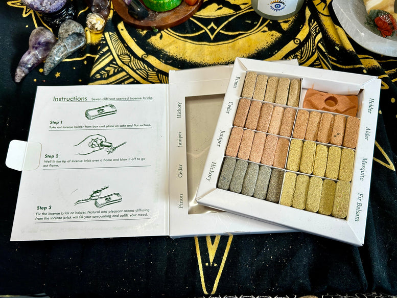 Display Set of 70 Incense Smudge Bricks and Burner - 7 Earthy Himalaya Incense | Gift Set | Cleansing | Smoke Cleanse | Witchcraft | Wiccan