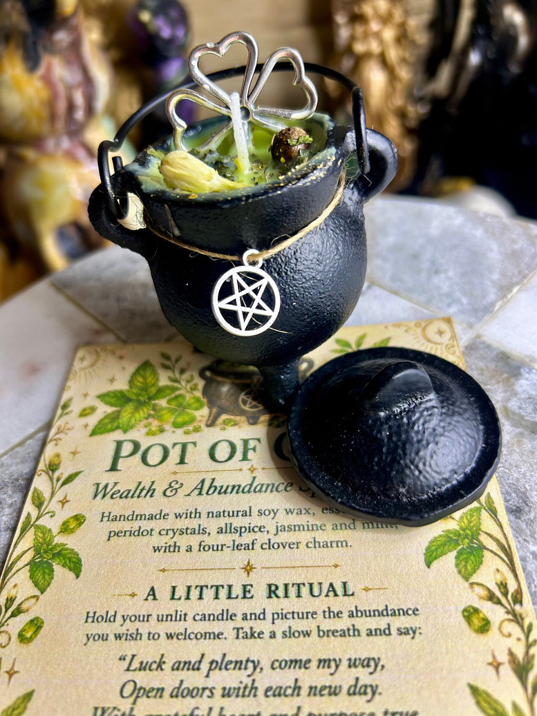 Pot of cold cast iron cauldron wealth and abundance spell candle