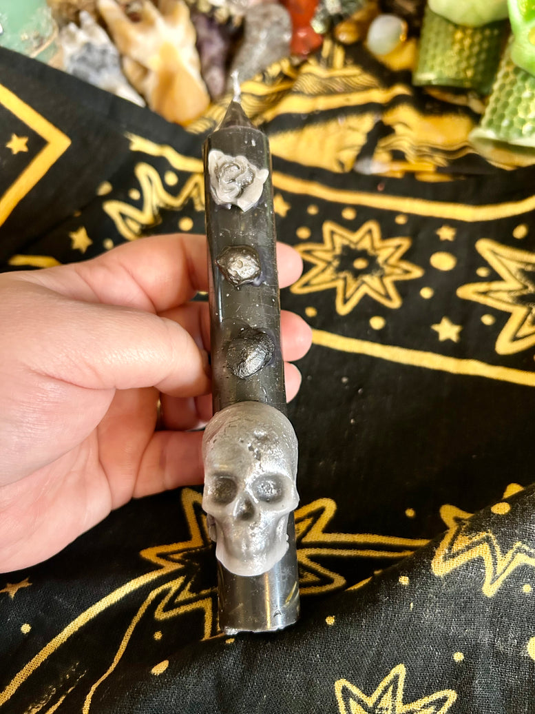 Hand Made Large Protection and Banishing Spell Candles for Spells Witchcraft with Skull Design and Floral Accents Decoration Ornaments