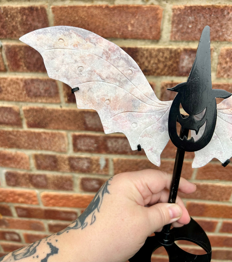 Pink Opal Carved Crystal Wings with Witchy Stand pumpkin witch Halloween style