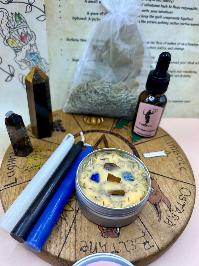 Justice Spell Kit | Court Case | Spell Candle | Spell Oil | Spells | Witchcraft | Wiccan | Pagan | Gift Set | Herbs | Crystals | Quartz