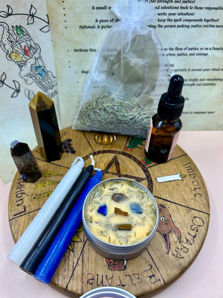 Justice Spell Kit | Court Case | Spell Candle | Spell Oil | Spells | Witchcraft | Wiccan | Pagan | Gift Set | Herbs | Crystals | Quartz