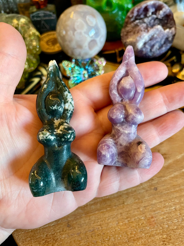 Lady Yoga Pose Crystal Carving | Lepidolite | Moss Agate | Goddess | Reiki | Chakra | Crystal Healing | Crystals | Witchy | Body | Figure