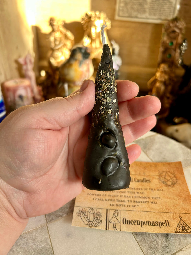 Hand rolled protection spell candles made with beeswax, herbs, essential oils and tourmaline crystal chips