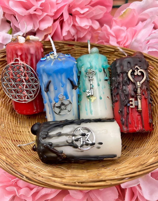 Loaded Pillar Spell Candles | Abundance | Aphrodite | Protection | Evil Eye | Hekate | Witchcraft | Wiccan | Pagan | Crystals | Herbs