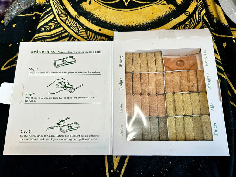 Display Set of 70 Incense Smudge Bricks and Burner - 7 Earthy Himalaya Incense | Gift Set | Cleansing | Smoke Cleanse | Witchcraft | Wiccan